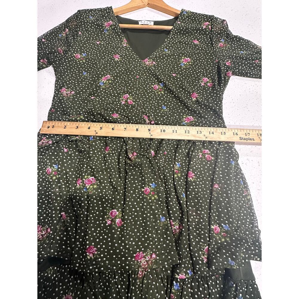 AVLN Studio Green Floral Tiered Dress Sheer Long Sleeve Fairy Forest Whimsical L - Picture 9 of 12